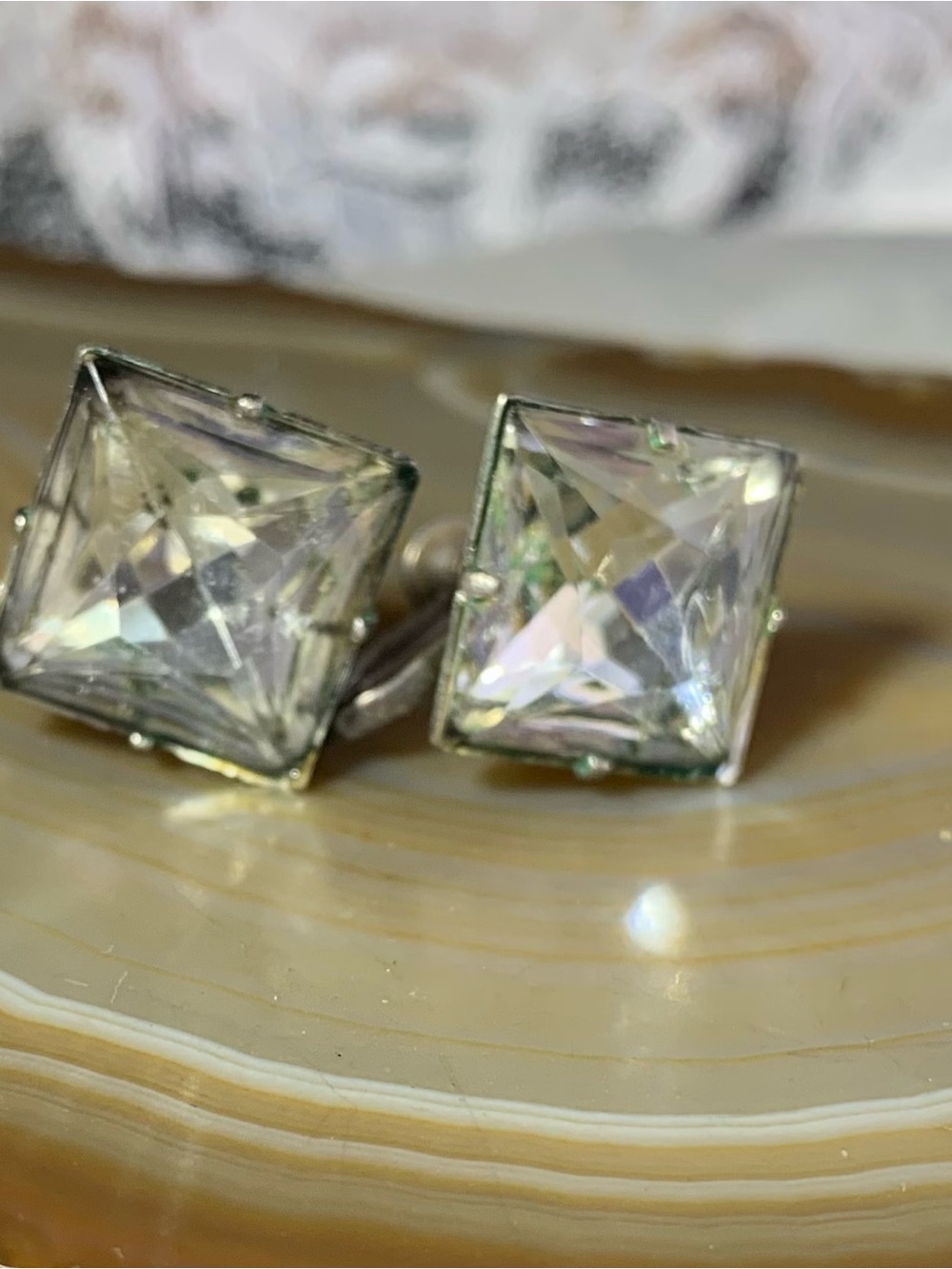 vintage sterling silver clear faceted clear glass screw back earrings